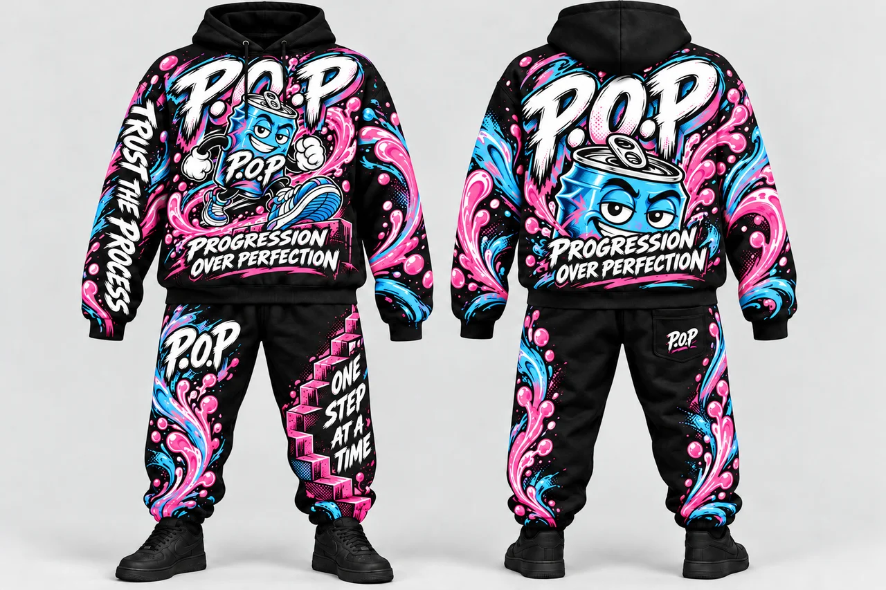 Soda P.O.P black hoodie and jogger design, front and back