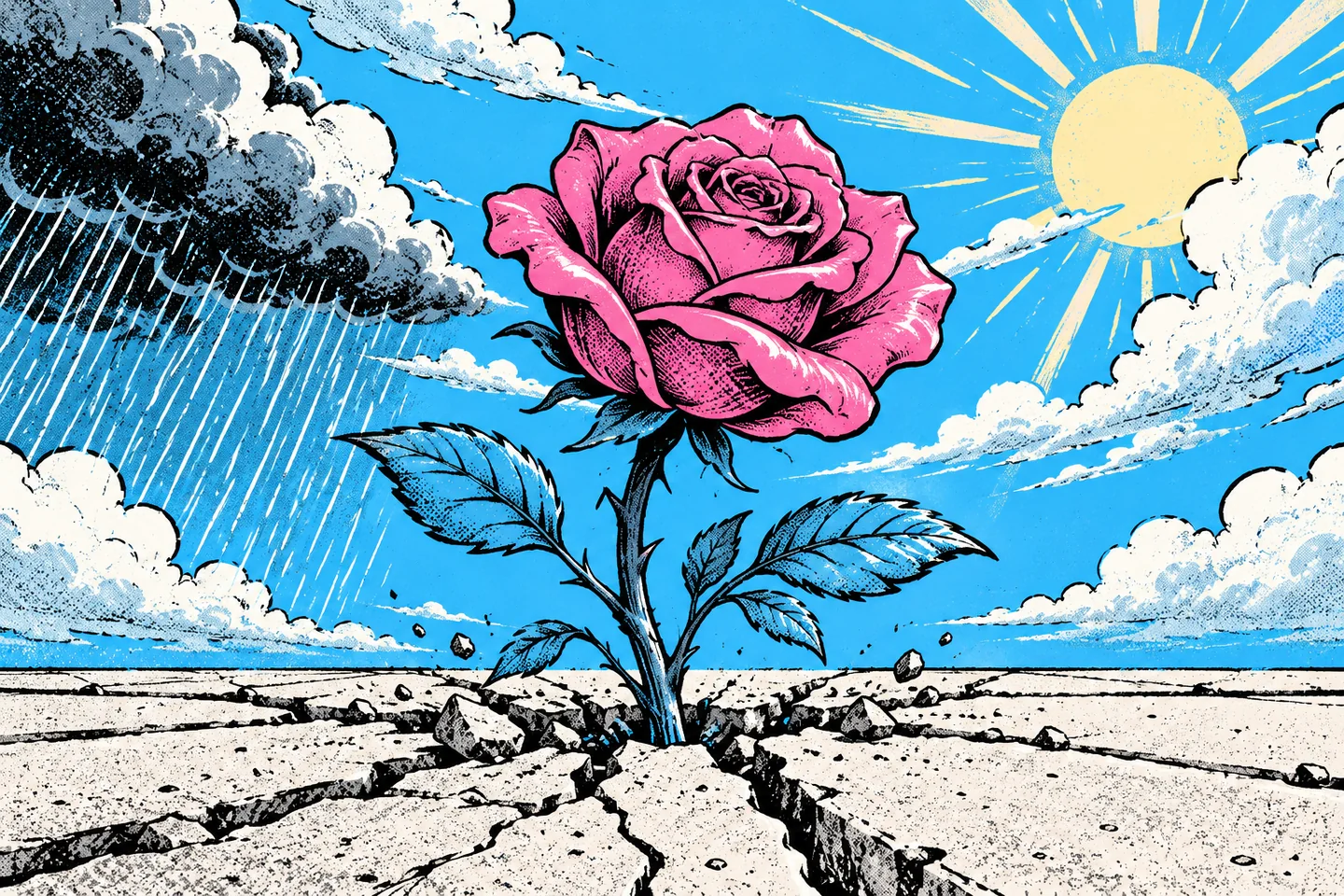 A pink rose growing through cracked concrete as rain gives way to sunshine